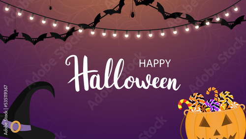 Happy halloween background with garland, sweets and witch hat