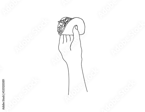 Continuous one line drawing of hand holding mexican tacos. Street junk food, mexican meal line art drawing vector illustration.