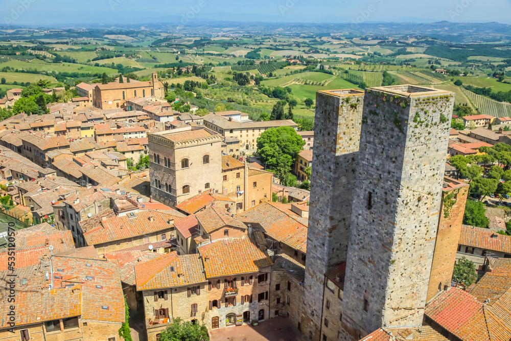 San Gimignano medieval ols town cityscape from above, Tuscany, Italy