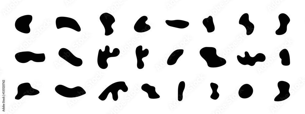 Abstract liquid shapes set. Organic blobs, liquid elements. Irregular oval blob. Futuristic shape ink blots. Modern graphic element. Random blotches, aqua spot for your design. Vector illustration. Abstract liquid shapes set. Organic blobs, liquid elements. Irregular oval blob. Futuristic shape ink blots. Modern graphic element. Random blotches, aqua spot for your design. Vector illustration.