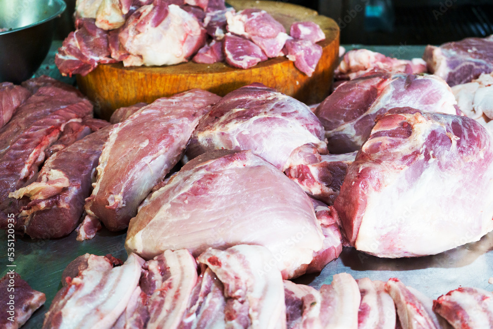 Fresh pork ribs sliced in the Market
