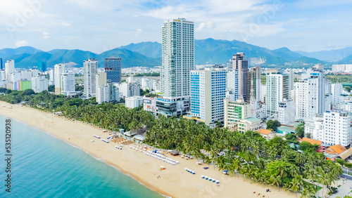 Nha Trang from a drone. Photo from a drone of one of the largest resorts in Vietnam on the coast of the South China Sea. © MASTERVIDEOSHAR