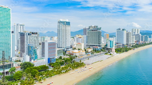 Nha Trang from a drone. Photo from a drone of one of the largest resorts in Vietnam on the coast of the South China Sea.