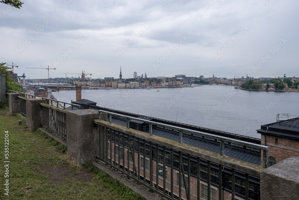 View of the city of Stockholm, Sweden, from Fjällgatan viewpoint, located in the borough of Södermalmn; this site is also  called by locals, Stockholm’s balcony