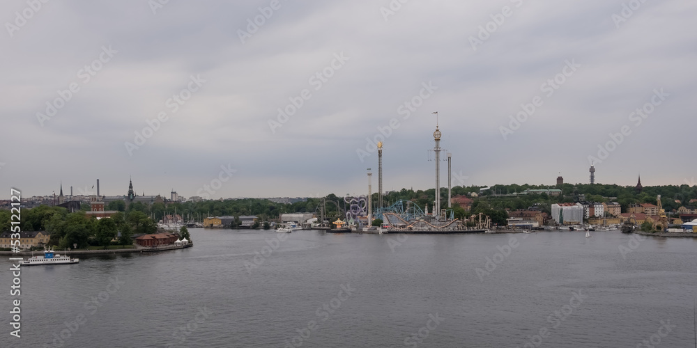 Stockholm, Sweden – June, 2022 – View of Gröna Lund (Green Grove), or colloquially Grönan, an amusement park of the city from Fjällgatan viewpoint, located in the borough of Södermalmn. 