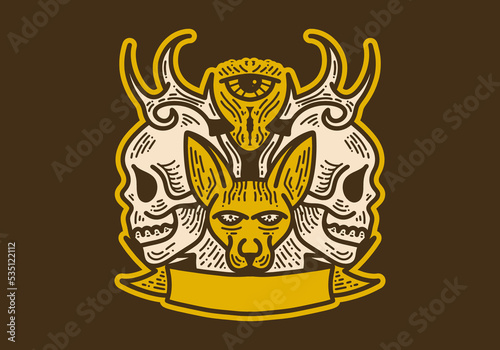Vintage art drawing of a cat and skull badge