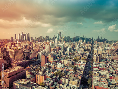 Wide angle panorama of New York City skyline towards Manhattan Midtown. Aerial view
