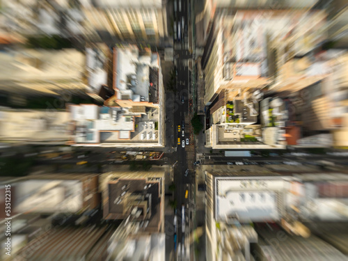 Photography Aerial top down view of New York downtown buildings and street intersection
