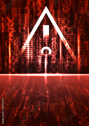 unsafe digital technology background with red neon caution algorithm network abstract. dangerous computer data and fiber communication online graphic. insecure intelligence signal system symbol vector