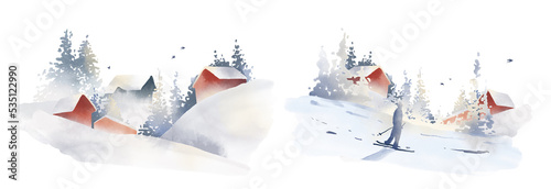 Fototapeta Naklejka Na Ścianę i Meble -  Watercolor hand drawn Christmas compositions. Winter foggy landscapes, scandinavian village scene. Snow, red houses, trees, spruce, birds. New year illustration isolated on white background.
