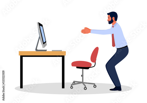 Businessman doing exercise in office concept vector illustration. Office syndrome prevention. Stretching exercise.
