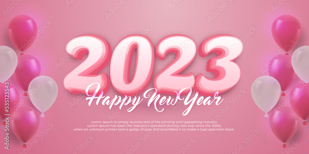 Editable text 2023 happy new year with balloons on pink theme