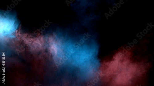 Scene glowing blue, red, pink smoke. Atmospheric smoke, abstract color background, close-up. High-quality stock of Vibrant colors spectrum. Blue, red, pink mist or smog moves on black background