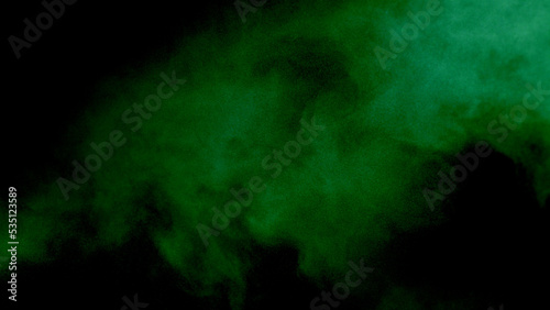 Scene glowing green smoke. Atmospheric smoke, abstract color background, close-up. Royalty high-quality free stock of Vibrant colors spectrum. Green mist or smog moves on black background