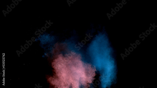 Scene glowing blue  pink smoke. Atmospheric smoke  abstract color background  close-up. Royalty high-quality free stock of Vibrant colors spectrum. Blue  pink mist or smog moves on black background