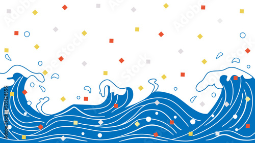 波と紙吹雪を組み合わせたイラスト　アスペクト比16：9　バージョン