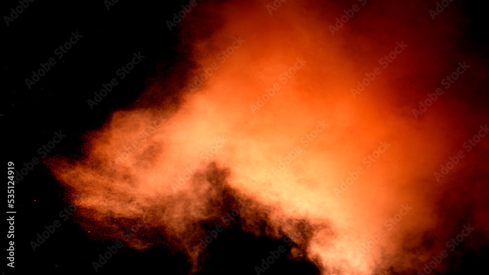 Scene glowing orange, red smoke. Atmospheric smoke, abstract color background, close-up. Royalty high-quality free stock of Vibrant colors spectrum. Orange, red mist or smog moves on black background