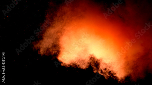 Scene glowing orange  red smoke. Atmospheric smoke  abstract color background  close-up. Royalty high-quality free stock of Vibrant colors spectrum. Orange  red mist or smog moves on black background