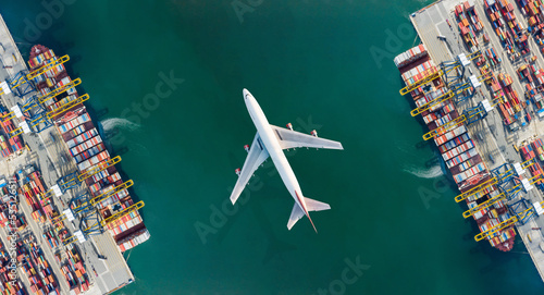 Fotografie Aerial top view of Container ship loading and unloading, Cargo container in deep seaport for the international order