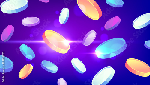 Colorful coins money falling vector. GameFi, Tokens crypto currency on purple background. vector