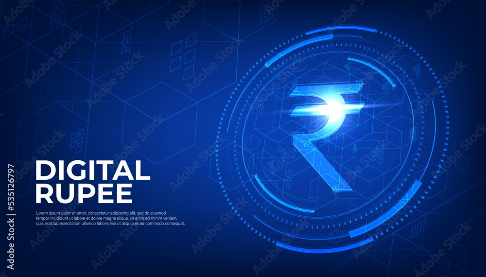 Digital Rupee currency sign, CBDC currency futuristic digital money on blue abstract technology background, vector.