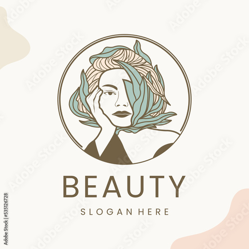Beauty sexy woman and leaf luxury logo template