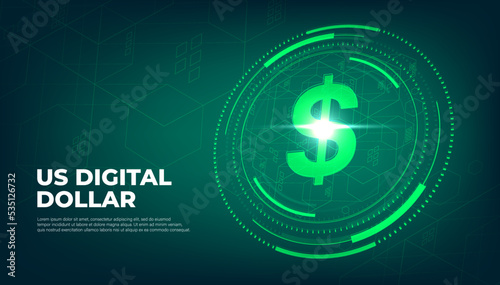 Digital currency USA dollar sign, US Digital Dollar futuristic digital money on green abstract technology background, vector.