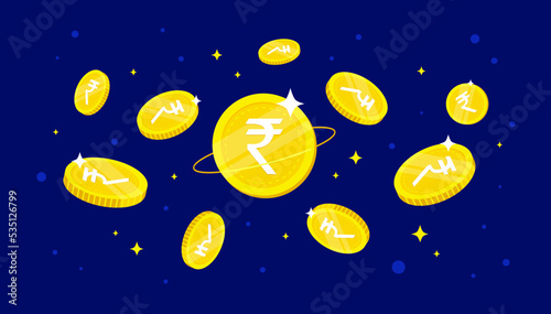 Digital Rupee (CBDC) coins falling from the sky. CBDC currency concept banner background.