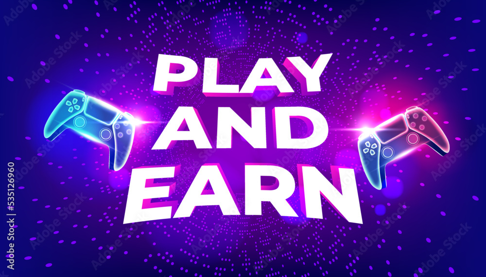 Play and Earn, GameFi technology. P2E model turns into a Play and Earn model. Neon game controller and text on cyberspace background. vector Play and Earn, GameFi technology. P2E model turns into a Play and Earn model. Neon game controller and text on cyberspace background. vector