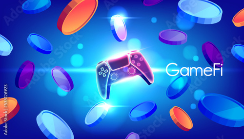 GameFi tokens crypto currency with game controller on blue background.