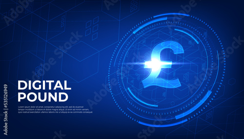 Digital Pound currency sign, CBDC currency futuristic digital money on blue abstract technology background, vector.
