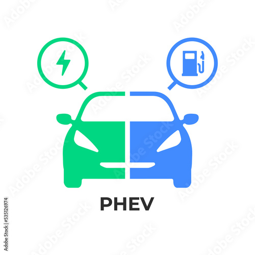 Plug-in hybrid electric vehicles (PHEV) icon, Half section part of Electric energy and fuel engine symbol. vector
