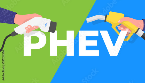 PHEV, Plug-in hybrid electric vehicle banner. Hand holding gas pump and power connector for refuel.