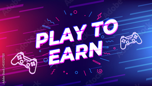 P2E, Play to earn text with game controller.