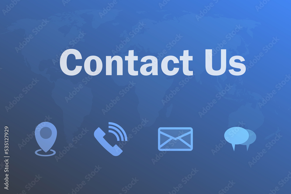 Contact us concept. Contact us page on website. Address, phone, e-mail, and chat icons on blue background. Corporate information contact data for customers. Customer service and support. Web banner. Contact us concept. Contact us page on website. Address, phone, e-mail, and chat icons on blue background. Corporate information contact data for customers. Customer service and support. Web banner.