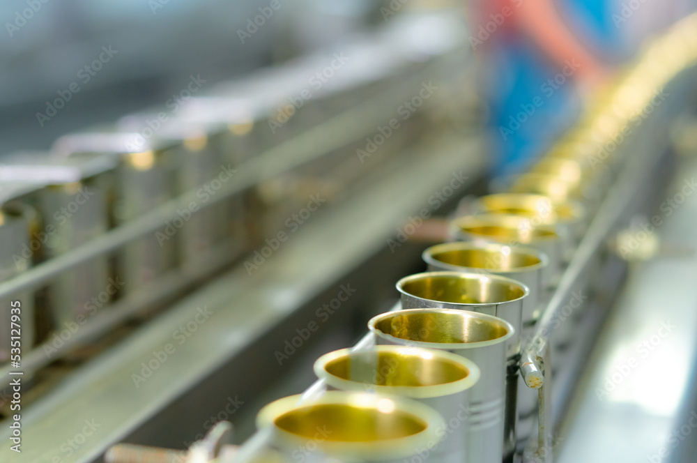 Canned fish factory. Food industry. Sardines in red tomato sauce in