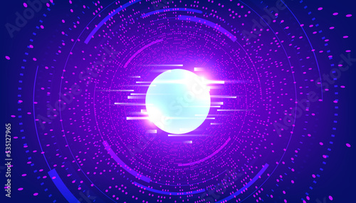 Metaverse abstract background with glowing glitch circle in the center, perspective tunnel, virtual cyber space. Vector