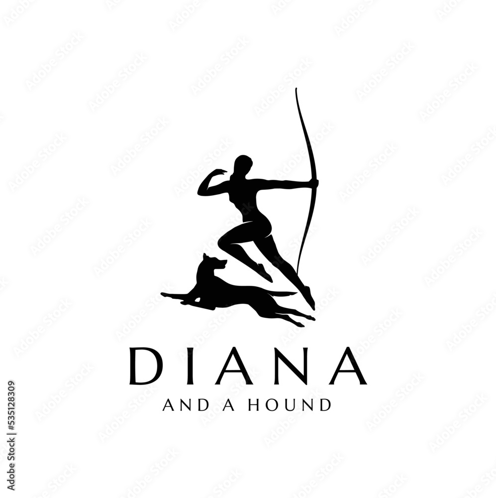 Beauty Silhouette of Diana Holding a Bow and Arrow with The Hound Dog Statue for Archer Archery Hunting Logo design