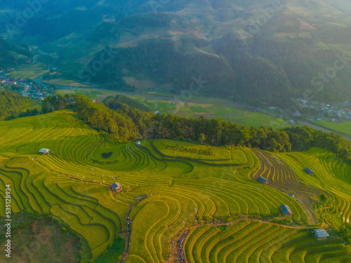 Aerial view of golden rice terraces at Mu cang chai town near Sapa city  north of Vietnam. Beautiful terraced rice field in harvest season in Yen Bai  Vietnam