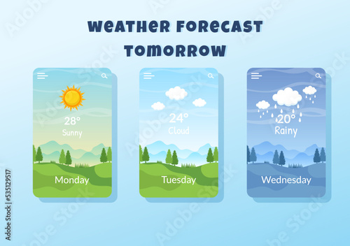 Types of Weather Conditions with Sunny, Cloudy, Windy, Rainy, Snow and Stormy in Template Hand Drawn Cartoon Flat Illustration