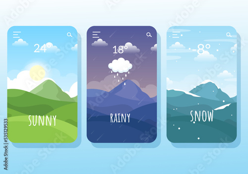 Types of Weather Conditions with Sunny, Cloudy, Windy, Rainy, Snow and Stormy in Template Hand Drawn Cartoon Flat Illustration