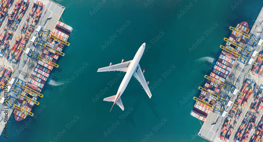 Aerial top view of Container ship loading and unloading, Cargo container in deep seaport for the international order. Transportation and travel concept. - obrazy, fototapety, plakaty 
