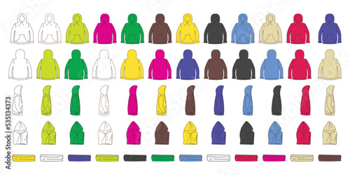 Set of variant color and view hoodies. front,back