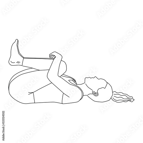 Line art of woman doing Yoga in knee to chest pose. Girl lying down and embracing her knees to chest vector.