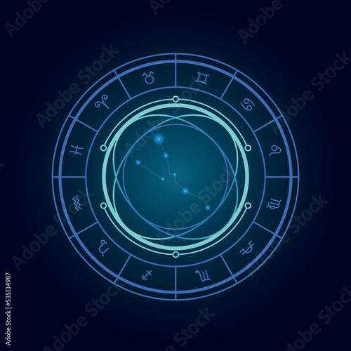 Magic wheel with taurus star sign and twelve signs of the zodiac in a dark background, astrology, esotericism. Astrology zodiac star signs magic circle
