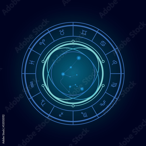 Magic wheel with aquarius star sign and twelve signs of the zodiac in a dark background, astrology, esotericism. Astrology zodiac star signs magic circle