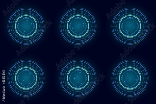 Magic wheel set #2 with twelve star signs of the zodiac in a dark background, astrology, esotericism. Astrology zodiac star signs magic circle