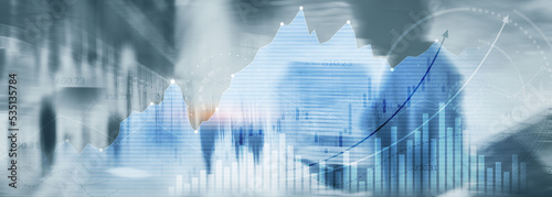 Financial graphs and analytics for investment solution. Double exposure