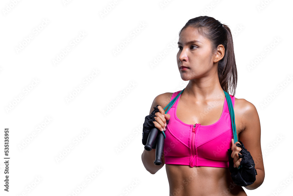 Obraz premium shot of young sporty Asian woman fitness model in pink sportswear standing with a skipping rope. isolated on white background. Fitness and healthy lifestyle concept.