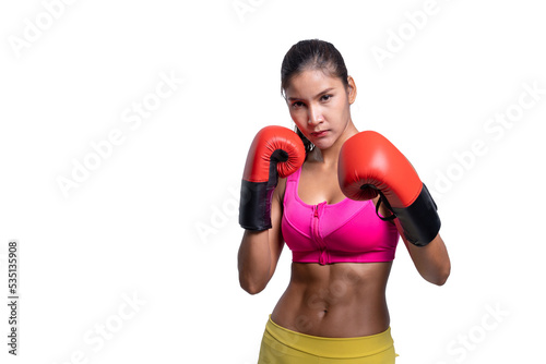 shot of smiling young sporty Asian woman fitness model in pink sportswear with red boxing mitts. isolated on white background. Fitness and healthy lifestyle concept.